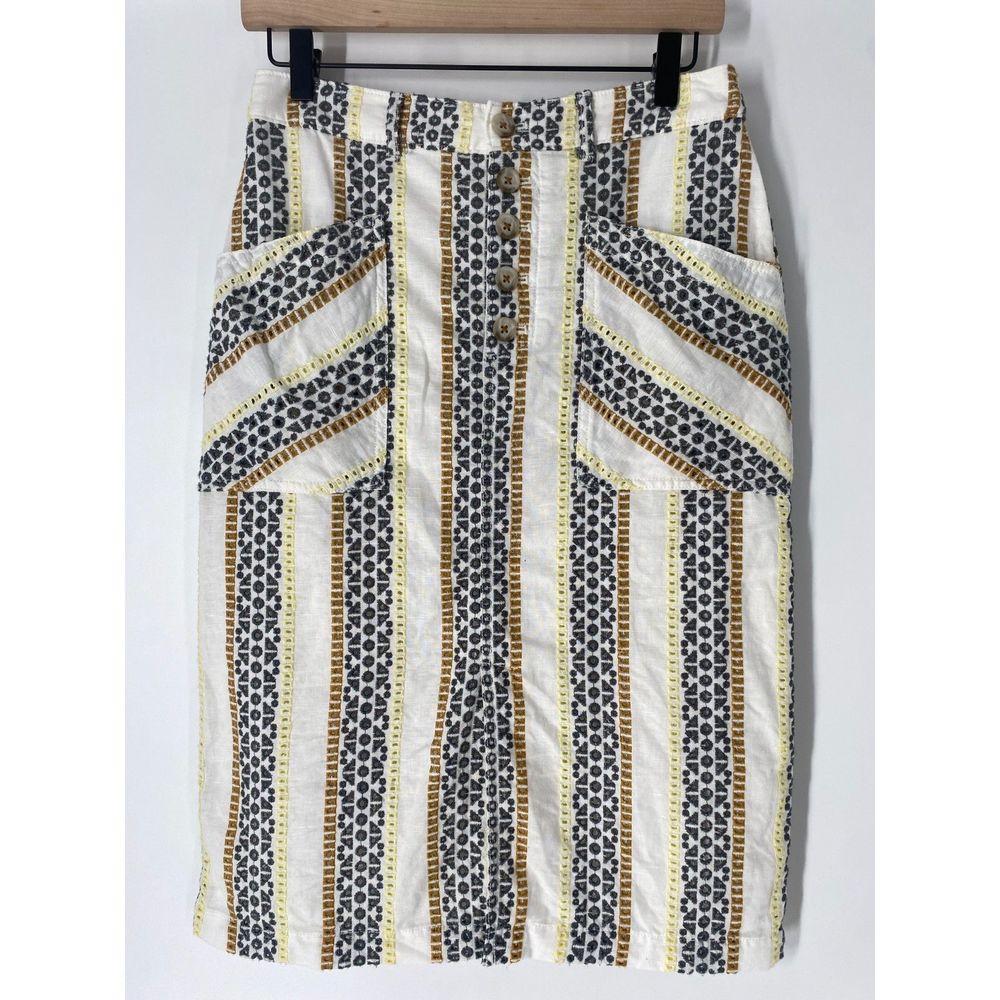 Anthropologie Button Embroidered Linen Striped Midi Skirt Sz 4